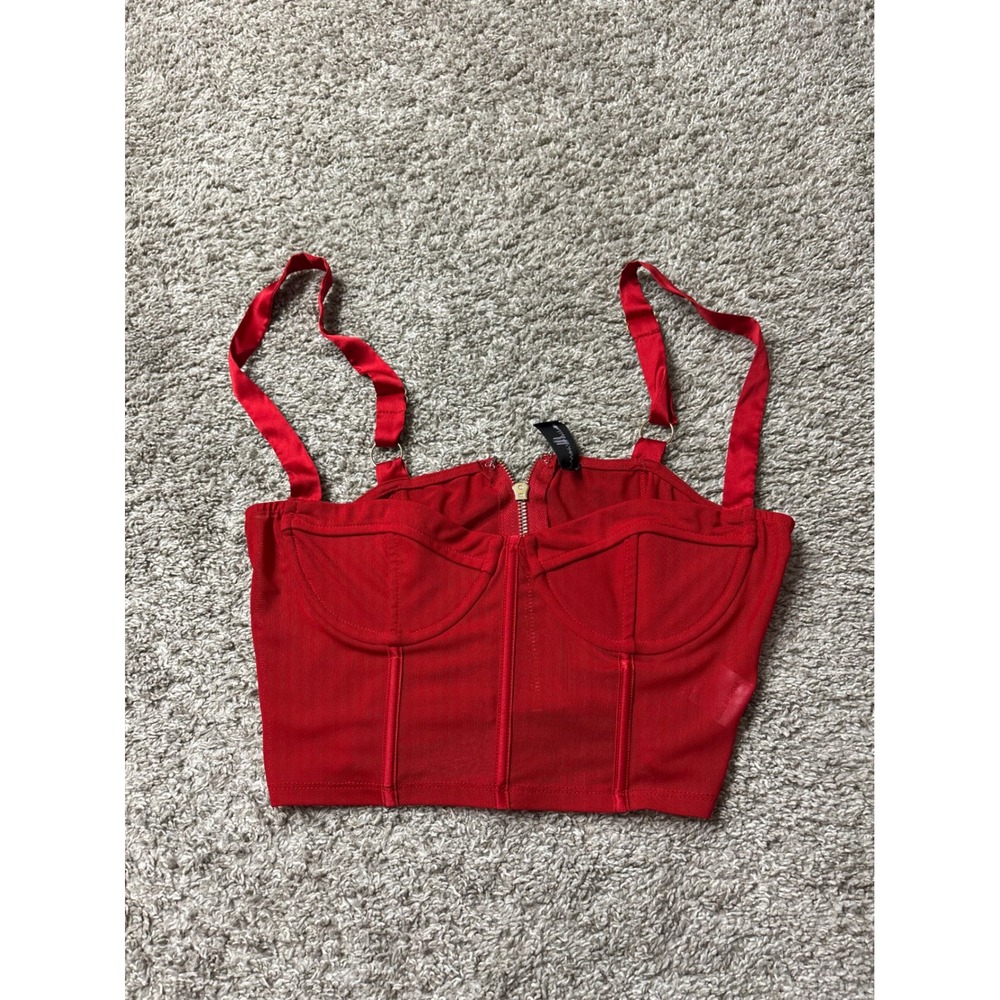 White Fox Red Corset Crop Top Mesh Bustier Zip Back Red M
